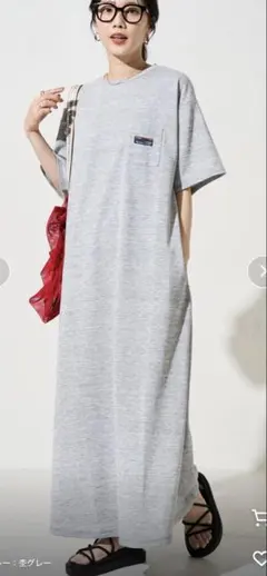 グレー 半袖 ロングワンピース ポケット付き