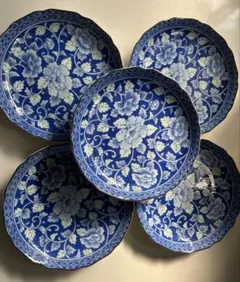 ○○焼　青い中皿　昭和　花柄のサムネイル