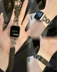 38/40/41mm ブラウン アップルウォッチ シルバー レザーチェーンベルト