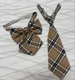 ベージュと黒のチェック柄　ネクタイ　リボン　セット