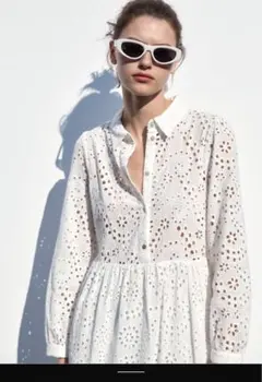 新品ZARA カットワークエンブロイダリーミディワンピースXS