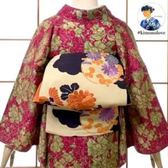 染名古屋帯 正絹 刺繍 雲 菊花 ベージュ アンティーク着物 AO-0732