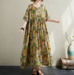 【新品】フラワーロング半袖 ワンピース｜マキシワンピース｜エスニック柄｜ゆったり