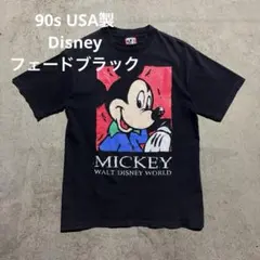 90s USA製　Disney ミッキー　大判プリント 黒 フェード 墨黒