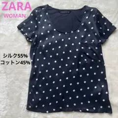 シルク55%コットン45% ZARA WOMAN ドット柄 半袖ブラウス Mのサムネイル