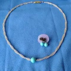 ターコイズ石とビーズのネックレス &ターコイズ石ローズピアス