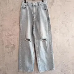 アルマデザイン ダメージデニムパンツ ワイド ジーンズ ライトブルー 薄青 M