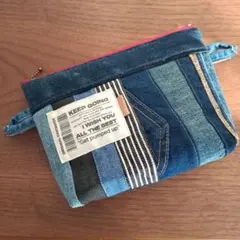 デニムリメイクポーチ☆パッチワークポーチ☆ポシェットポーチ☆ビックタグ