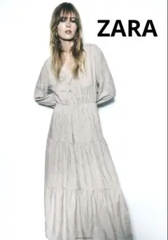 ZARA ザラ　エンブロイダリーパネルミディワンピース　グレー