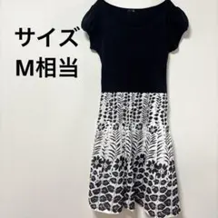 千趣会 花柄 切り替えワンピース モノトーン Aライン パフスリーブ 9AR M