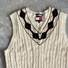 90s オールドトミーフィルフィガー アーガイル ケーブルベスト コットン L