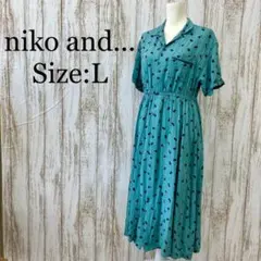 ニコアンド❤️総柄ワンピース　黒猫　ロング丈　半袖　爽やか　緑色　グリーン　L