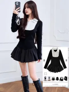 シャツドッキングフレアニットミニワンピース[ru1204] L