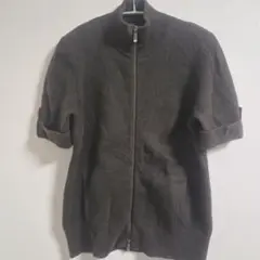 半袖 ジップアップニット【M】ブラック系 ダメージあり 海外古着