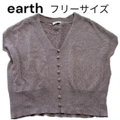 earth ブラウン Vネック ニットベスト フリーサイズ　透かし編み