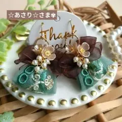 ✦専用✦深みチョコブラウン▶◀ミントグリーン✽お花刺繍インドリボンパールピアス