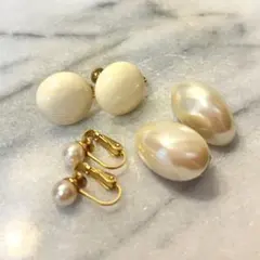 美品Vintage★White パール＆マーブル イヤリング3点セット