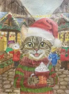 色鉛筆画 楽しいクリスマスマーケット 猫 原画 手描きイラスト
