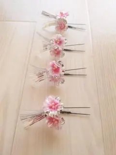 桜 小花 桃色グラデーション 銀房 4点セット 卒園式 入学式 袴 和装 髪飾り