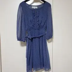 ネイビー ドット柄 七分袖 膝丈ワンピース