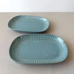 【2枚】新品 日本製 美濃焼 撥水十草 楕円皿 窯変 グリーンのサムネイル