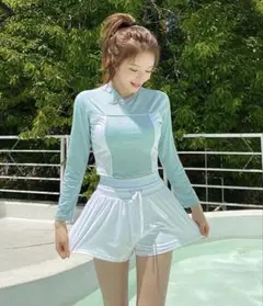 2点セット　バイカラー　体型カバー　水着　タンキニ　水色　UV