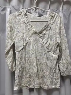 23区 カットソー 花柄 フリル 七分袖 大きいサイズ44