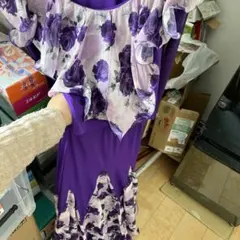 紫色フラワーフリル社交ダンスドレス