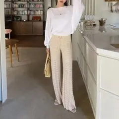 【新品タグ付】DHOLIC☆ニットスリットロングパンツ　透かし編み　ベージュ