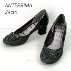 美品✨️ANTEPRIMA【24cm】フラワーモチーフ　ビジューパンプス　黒のサムネイル