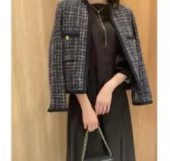 ミラオーウェン 金ボタンショートツイードジャケット ネイビー Sサイズ