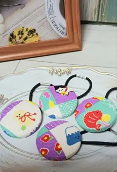 ハンドメイド☆　くるみぼたん　愛でたい　富士山　鯛　ヘアゴム　4個セット