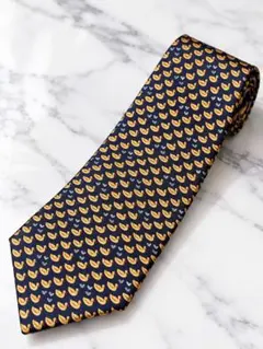 美品 HERMES エルメス ネクタイ アヒル柄 総柄 シルク100％ ネイビー