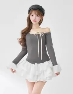 ダーリッチ　デザインネックリボンミニワンピース　グレー