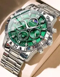 ムーンフェイズ 腕時計　グリーン / シルバー　蓄光 星空デザイン　防水 耐衝撃