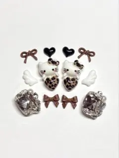 数量再販❣️ネイルパーツ キティ ブラウン　ヒョウ柄 リボン ハート　秋