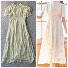 トッコ　フラワー刺繍×ドットフレアスリーブシャーリングネックワンピース