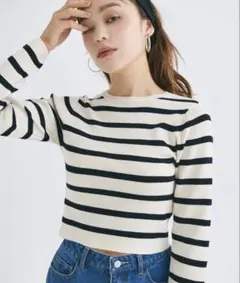 【新品】 coca コカ クロップド丈ニットトップス ニット 長袖 L ボーダー