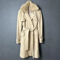 ジフィーズ　ベージュ ファー付きトレンチコート　ウール　ラビット　1