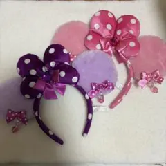 ディズニー ミニーカチューシャ 水玉リボンイヤリング ピンク 紫