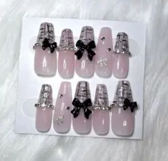 ネイルチップ ハンドメイド ツイード 韓国 フレンチガーリー ロングバレリーナ