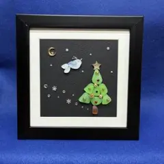 シーグラスアート　クリスマスツリーと願い鳥　聖夜