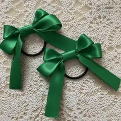 8-22 ヘアメ　リボン　緑　グリーン　13ミリ巾　2個セット　髪ゴム 推し活