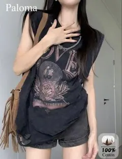 Paloma LOVEプリント ノースリーブTシャツ ブラック