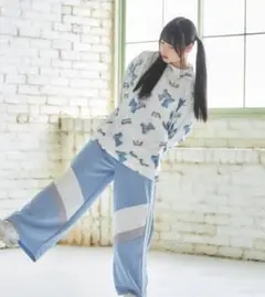 むめいちゃん　無名mumeiジャージパンツ　ライトブルー サイドストライプ