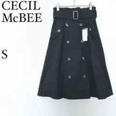 セシルマクビー トレンチ風 フレアスカート S 黒 ベルト付き ハイウエスト