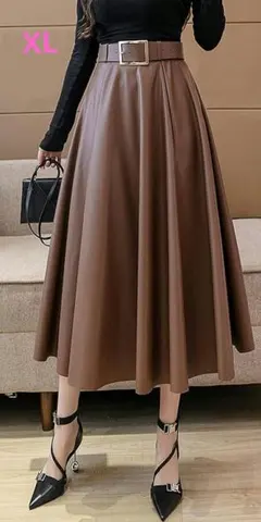 美品 ❗フェイクレザー ロングスカート ブラウンベルト付き 秋 冬