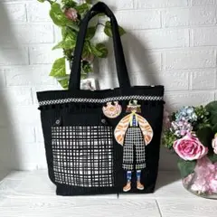 カートゥーンガールクロスパッチ刺繍トートバッグ ハンドメイド