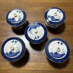 青白磁 花鳥模様 蓋付き湯呑み 5個セット