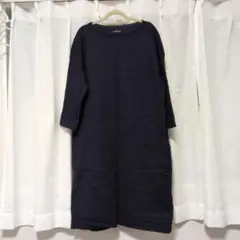 ダークネイビー M-L コットン100% 七分袖ワンピース　チュニック